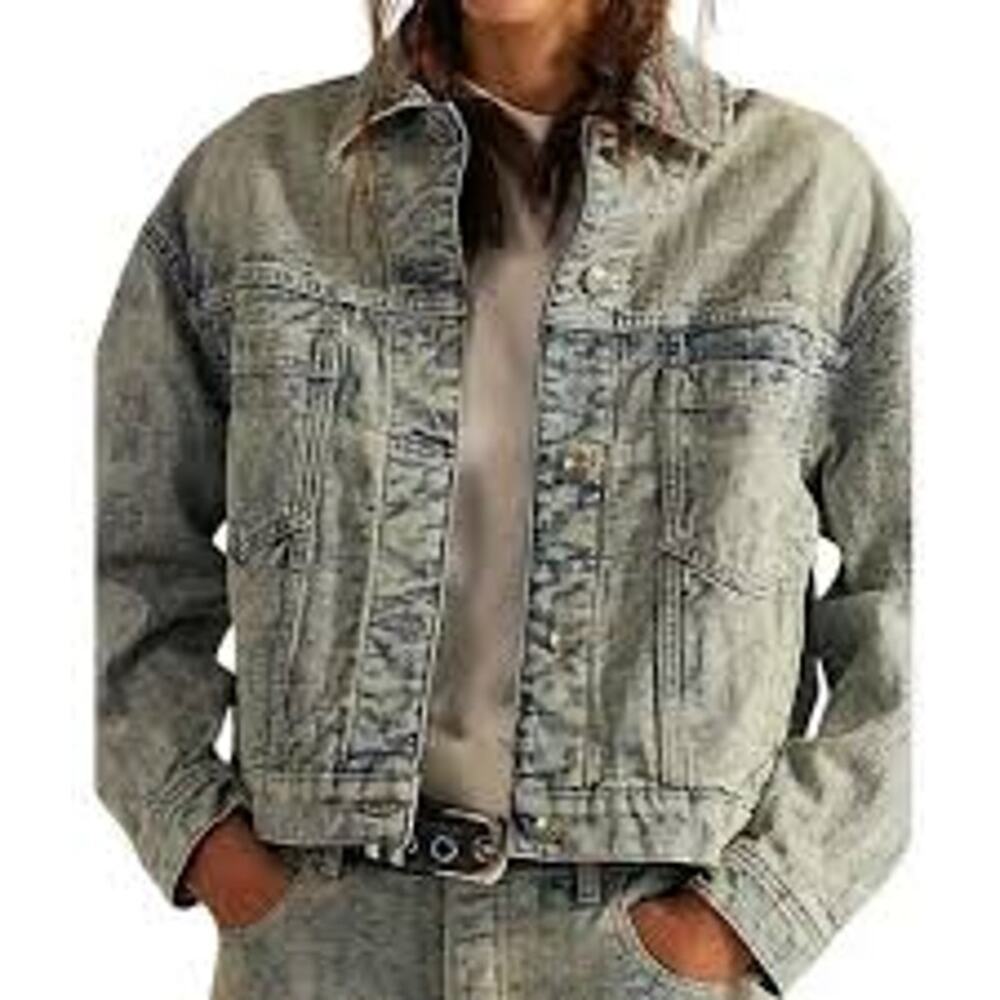 We The Free People Jacquard Letters Denim Jacket NWT Large (B110141)
